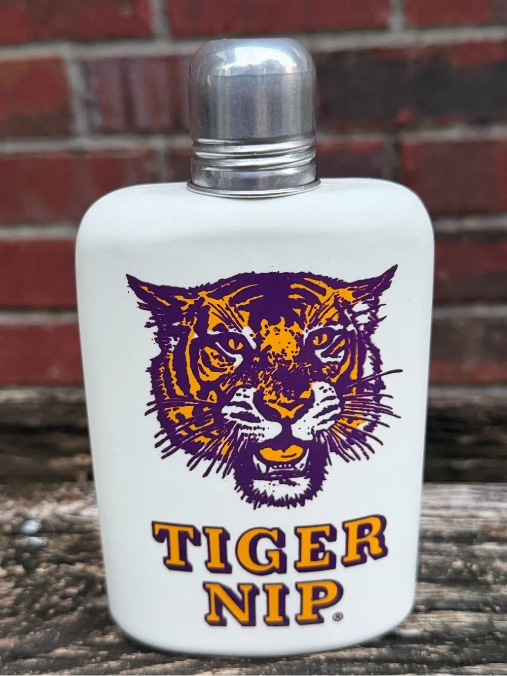 Vintage LSU Tigers “Tiger Nip” White Plastic Flask Purple Gold Tiger Graphic P6